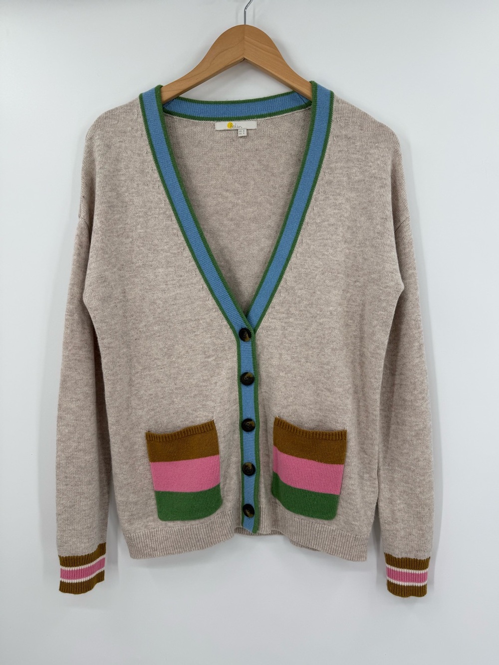 Boden Colorblock Trim Button Front Cashmere Blend Cardigan | Oatmeal | Size 4